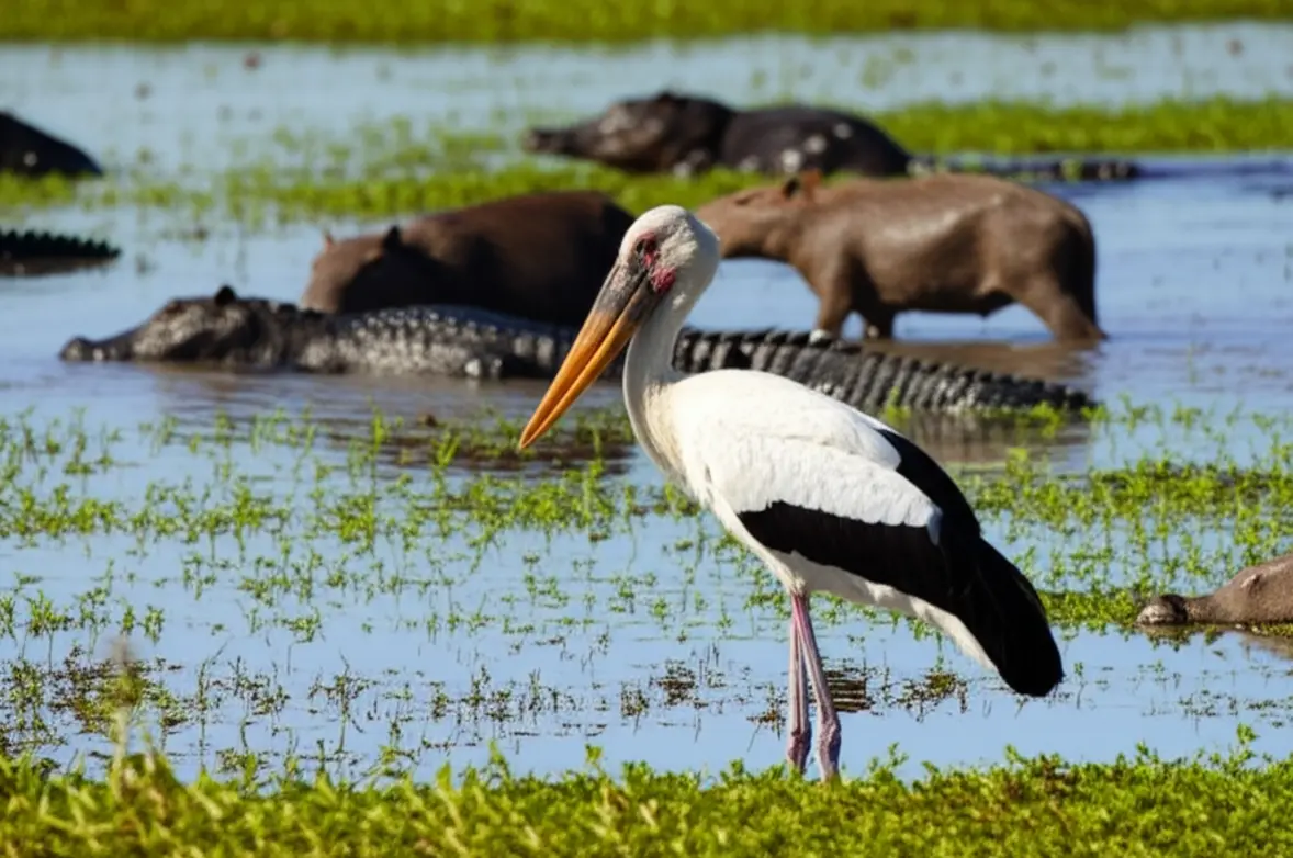 Tuiuiú, capivaras e jacarés em uma planície alagada do Pantanal.
