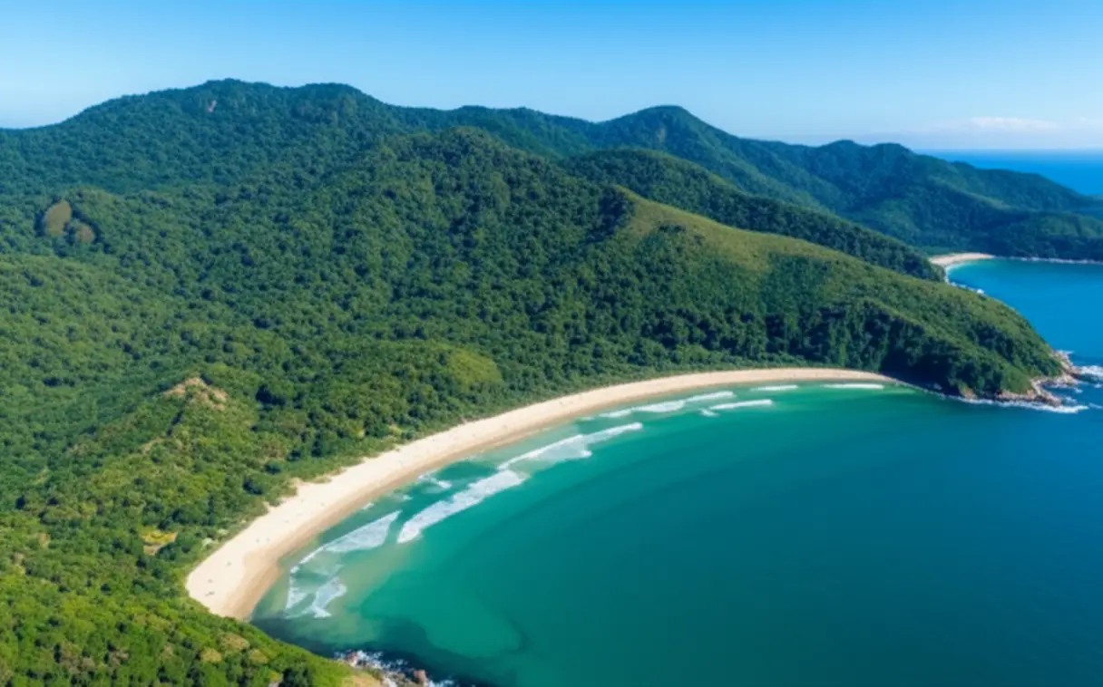 Vista aérea da Praia do Félix em Ubatuba, mostrando a Mata Atlântica e o oceano.