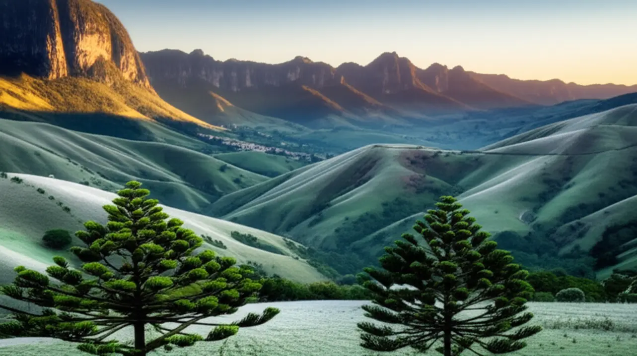 Campos de Urubici cobertos de geada e araucárias ao amanhecer, Serra Catarinense.