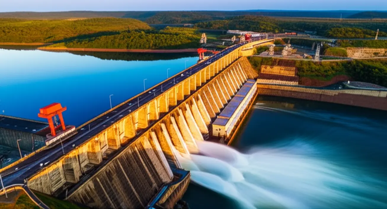 Usina Hidrelétrica de Itaipu e seu reservatório durante a hora dourada.