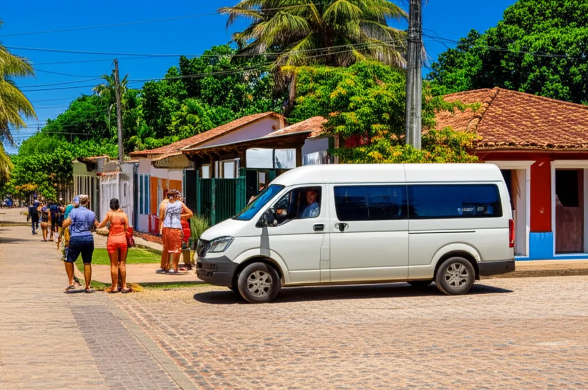 Van de transporte coletivo em rua de paralelepípedos de Arraial d'Ajuda.