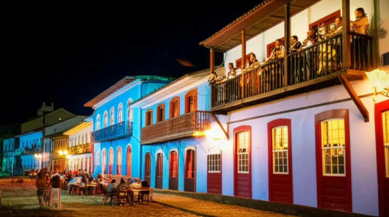 Músicos tocando em sacadas de casarões históricos durante a Vesperata em Diamantina.