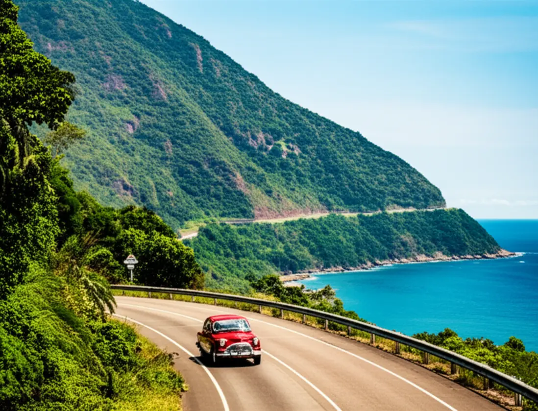Carro viajando pela estrada costeira Rio-Santos.