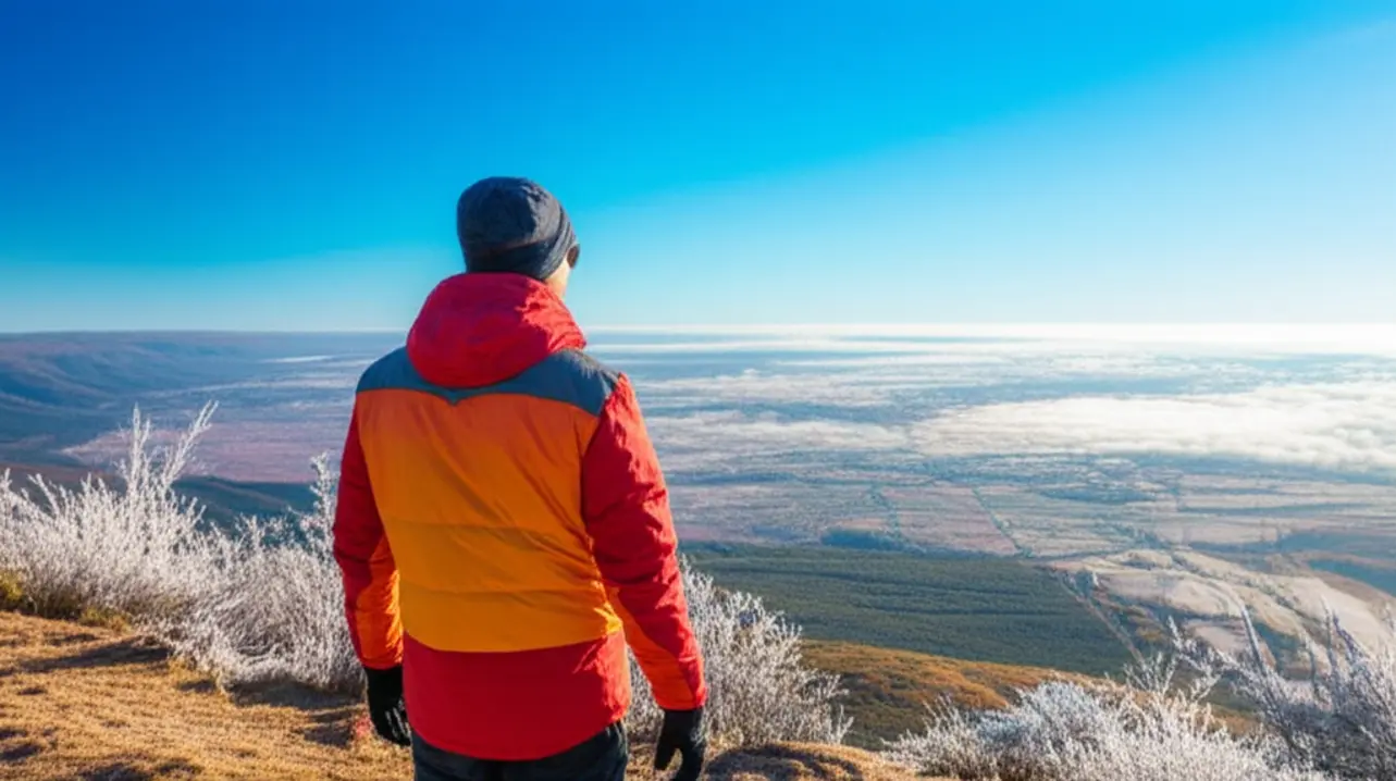 Viajante agasalhado em camadas em um mirante da Serra Catarinense.