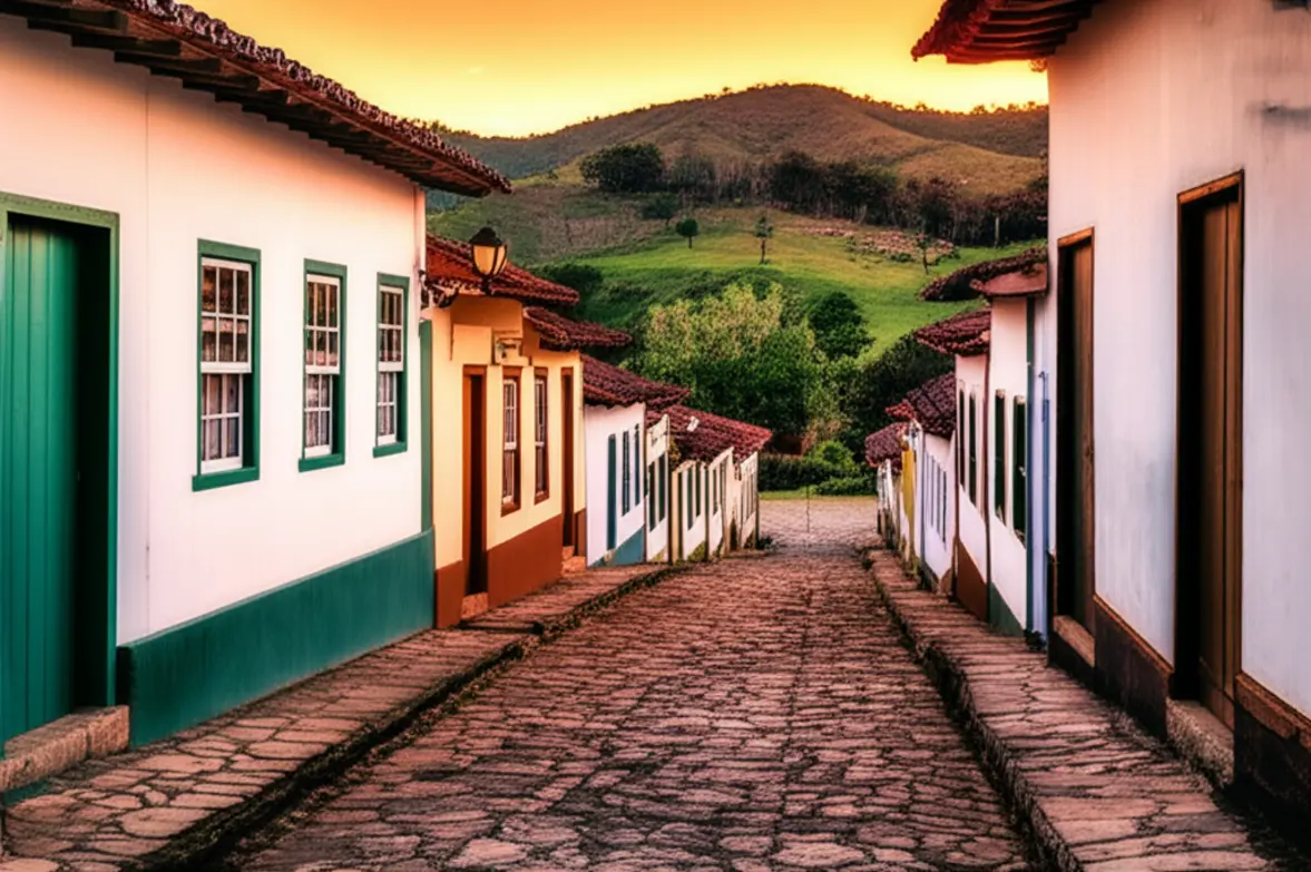 Rua de paralelepípedo e casas coloridas na Vila de Conceição do Ibitipoca.