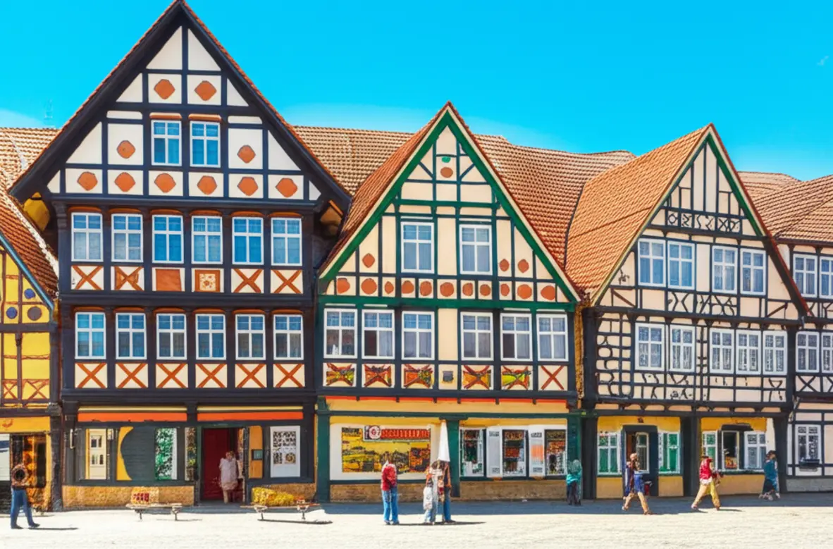 Vista da Vila Germânica com arquitetura enxaimel colorida.