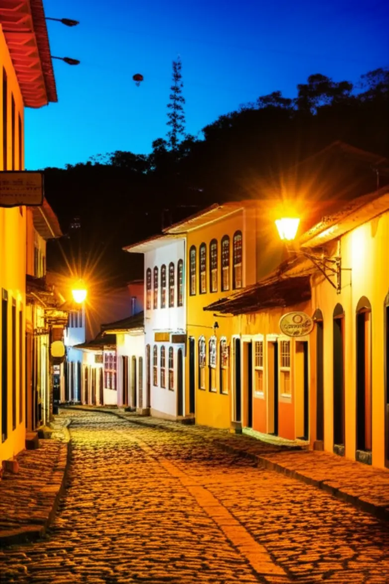 Rua de paralelepípedos e casario colonial colorido na Vila de Ilhabela.