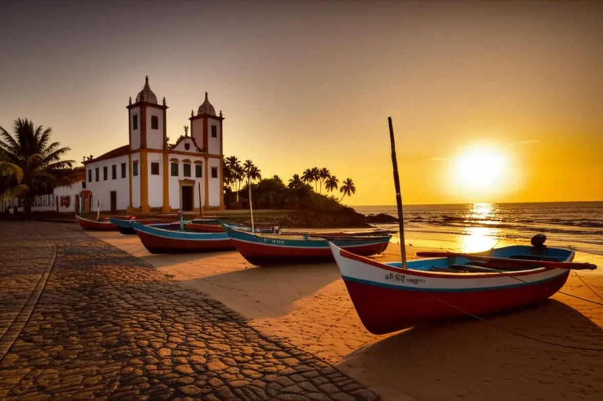 Igreja de São Francisco de Assis e barcos de pesca ao entardecer na Praia do Forte.