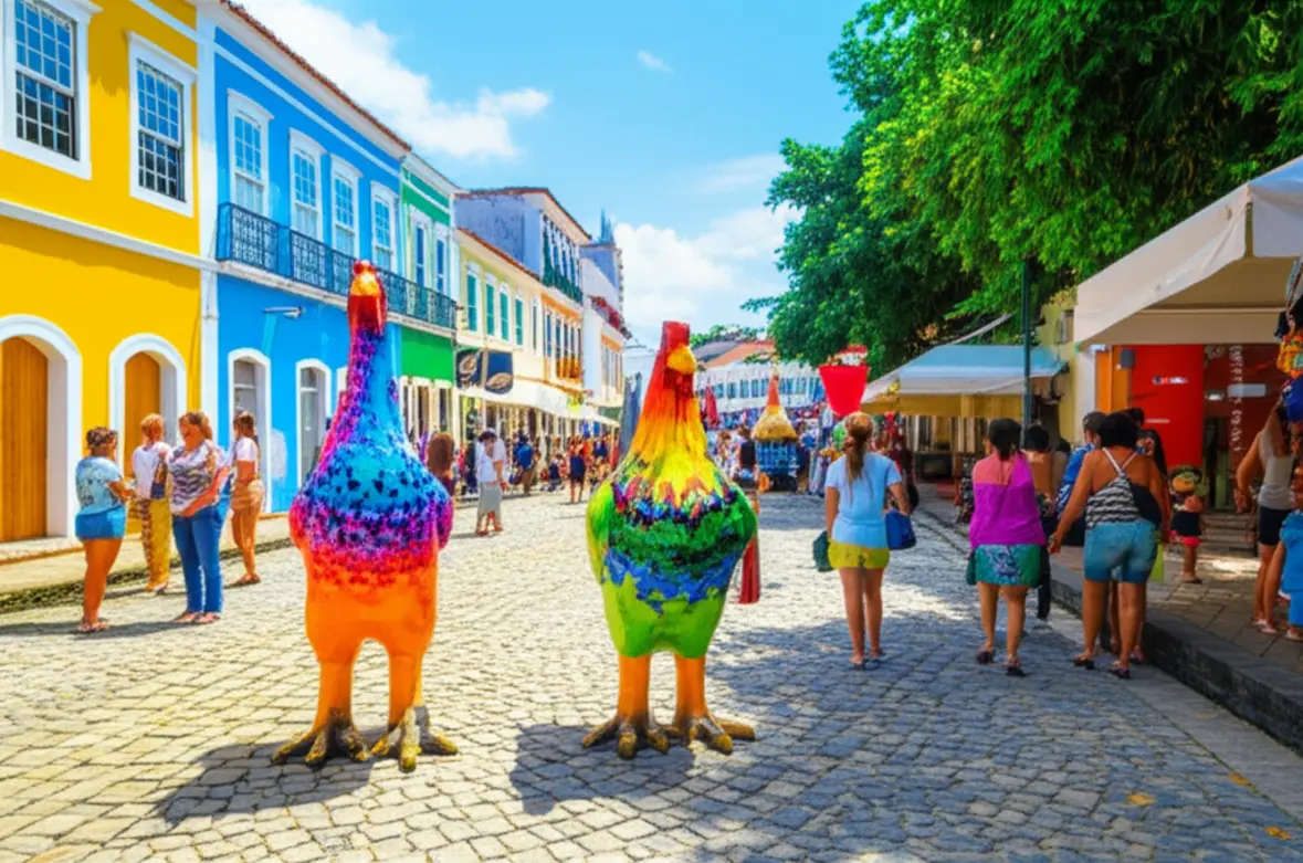 Esculturas de galinhas coloridas na rua principal da Vila de Porto de Galinhas.