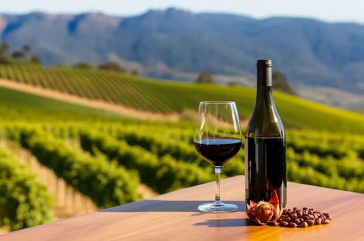 Taça de vinho tinto e pinhão em uma mesa, com vinhedos de altitude de Urubici ao fundo.