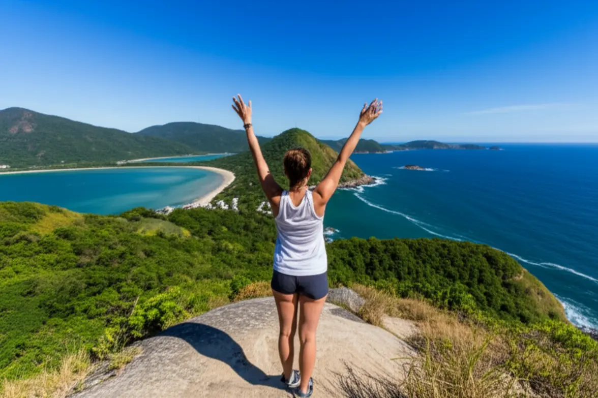 Vista panorâmica do Morro do Macaco em Bombinhas com a península e o mar.