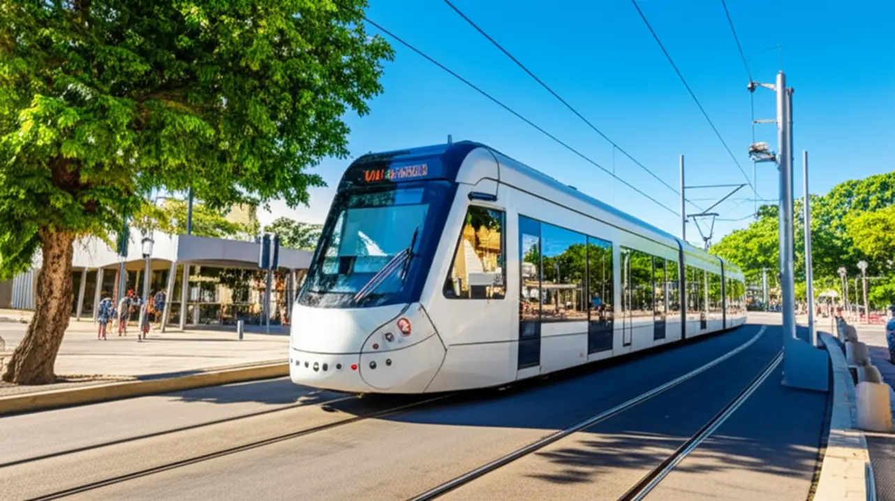 Trem moderno do VLT de Santos percorrendo avenida arborizada.