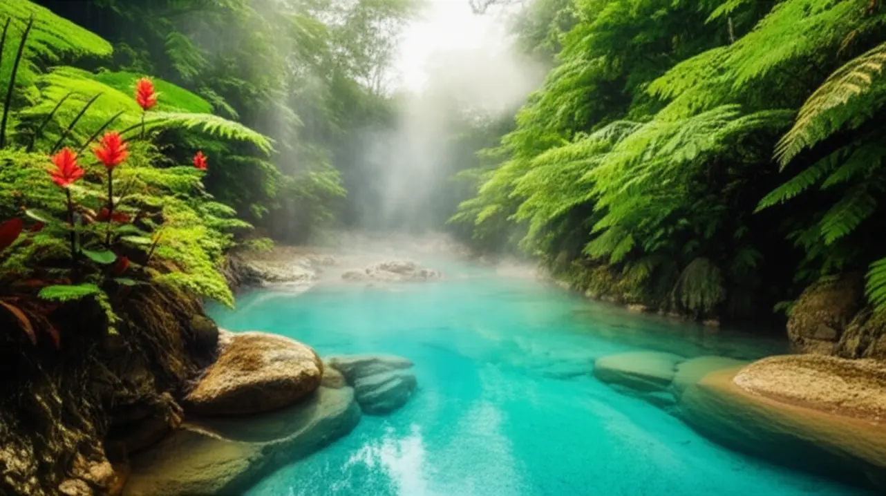 Piscina natural de águas termais fumegantes cercada por vegetação tropical densa e pedras vulcânicas em La Fortuna.