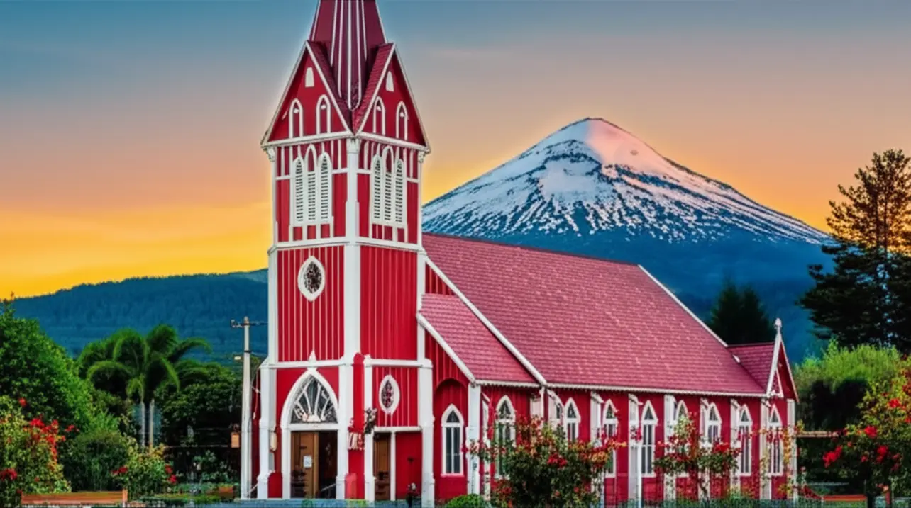 Igreja do Sagrado Coração de Jesus em Puerto Varas com arquitetura típica alemã.