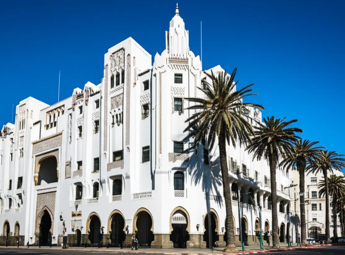Edifício histórico em estilo Art Déco no centro de Casablanca com palmeiras.