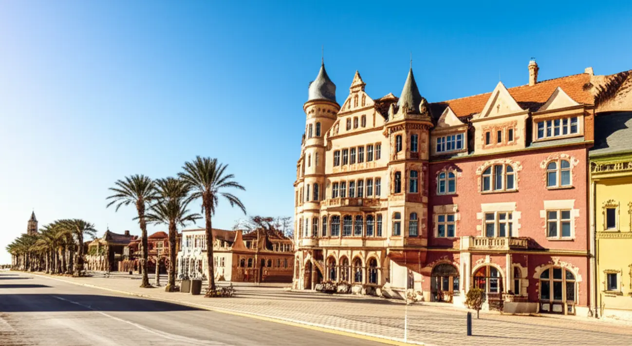 Vista aérea das cores vibrantes da arquitetura colonial alemã em Swakopmund cercada por areia e mar.