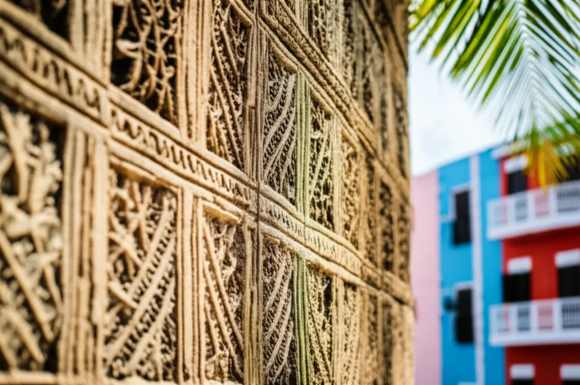 Detalhe de parede histórica feita de pedra de coral esculpida em Malé.