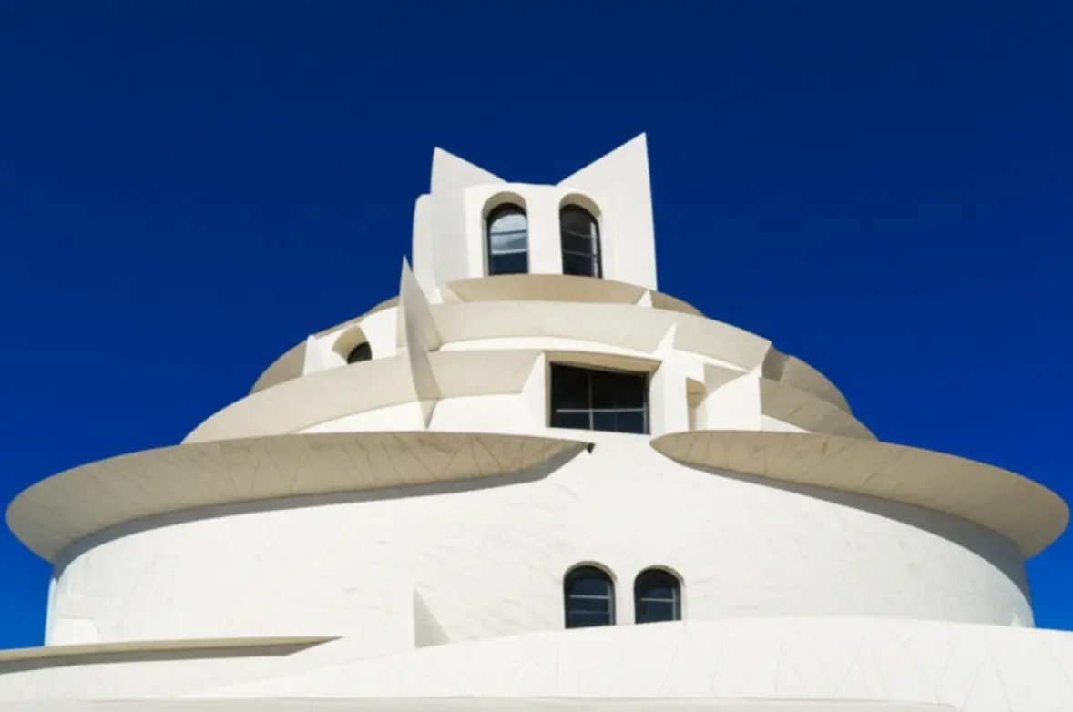 Detalhe da arquitetura futurista do Museu Nacional do Catar em formato de rosa do deserto sob céu azul.