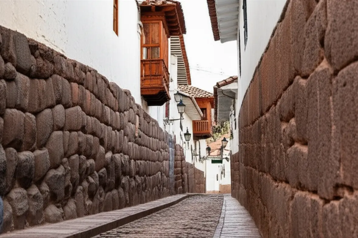 Muro de pedra inca com arquitetura colonial em uma rua de Cusco.