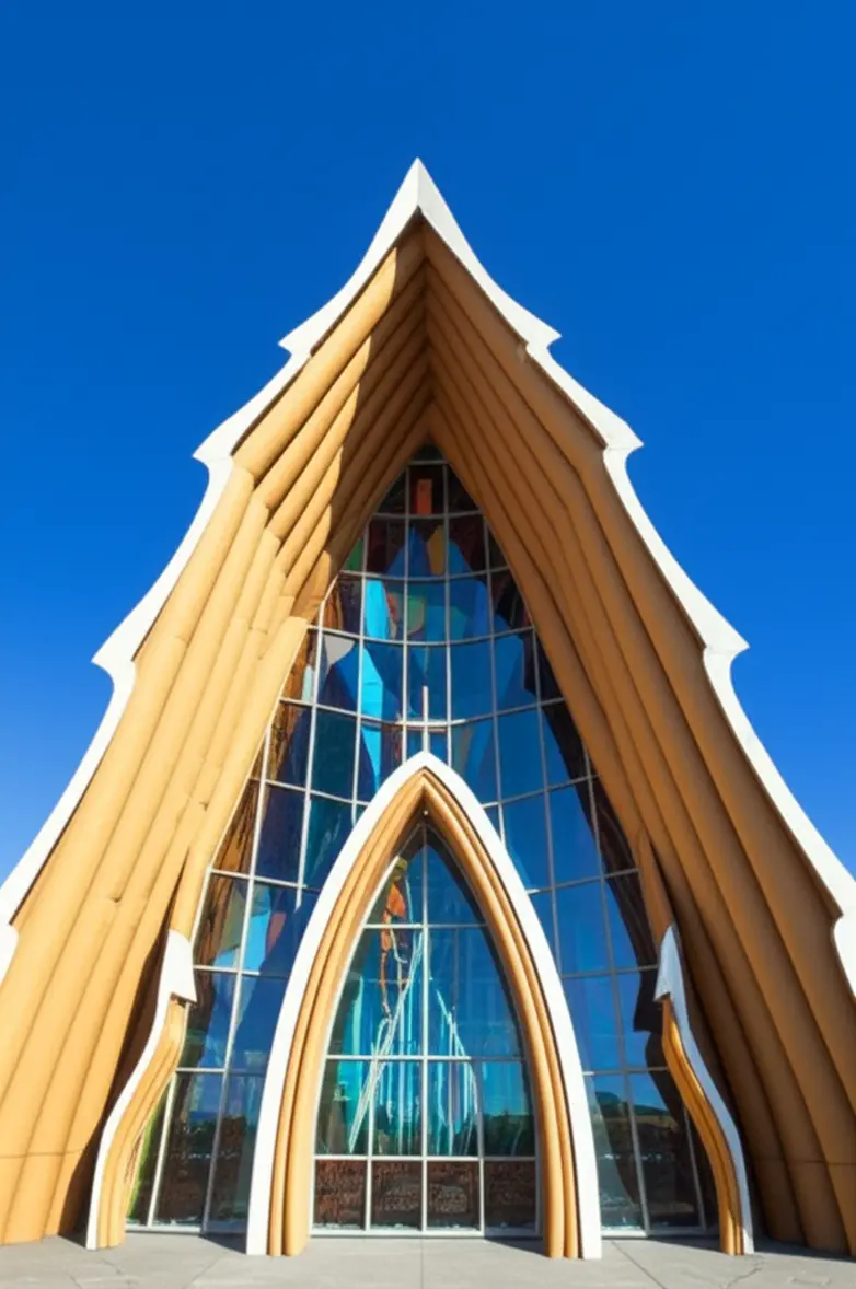 Vista lateral da Catedral de Papelão em Christchurch com vitrais coloridos.