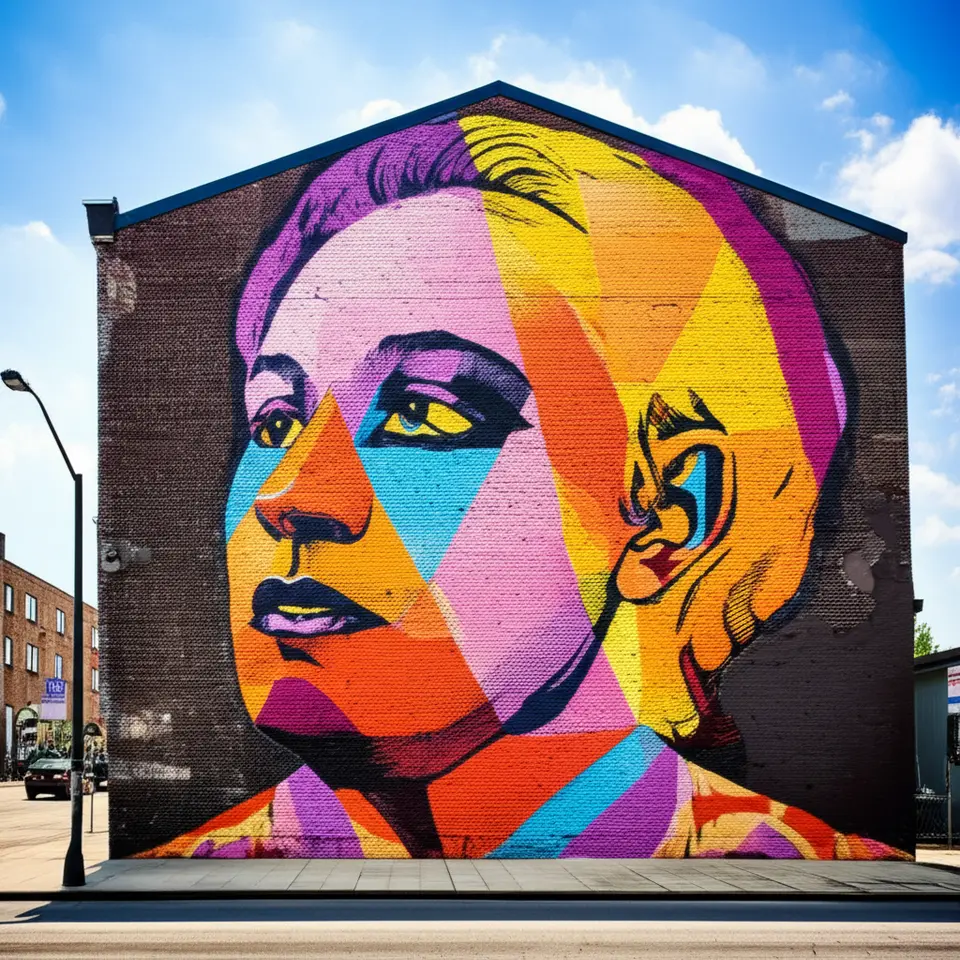 Mural artístico gigante e colorido em uma parede de tijolos em um bairro da Filadélfia.