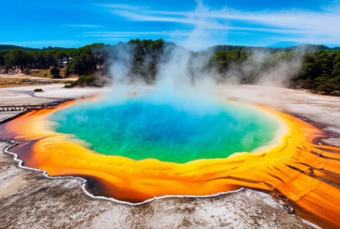 Piscina termal colorida Champagne Pool com bordas laranjas em Rotorua.