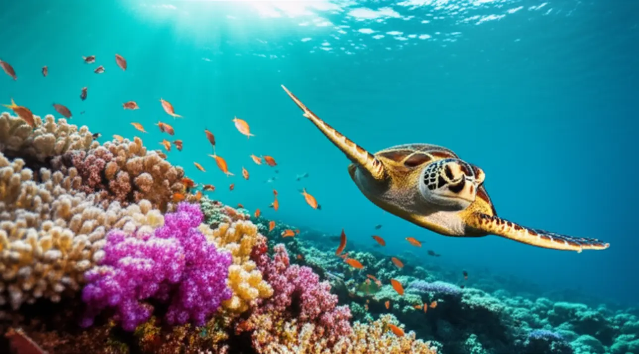 Close de um mergulhador observando corais vibrantes e peixes tropicais na Grande Barreira de Corais.