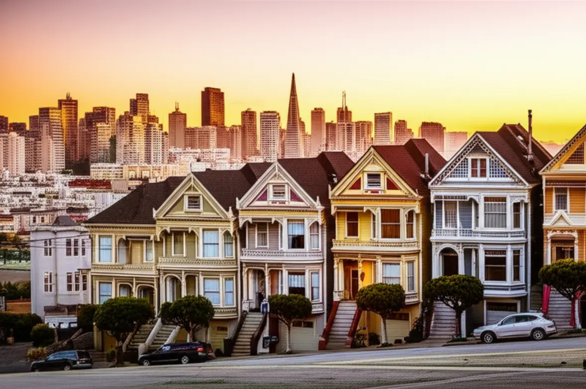 As famosas casas vitorianas Painted Ladies com o horizonte de San Francisco ao fundo.