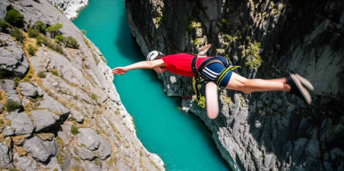 Pessoa saltando de bungy jump da ponte Kawarau sobre um rio azul-turquesa em Queenstown.