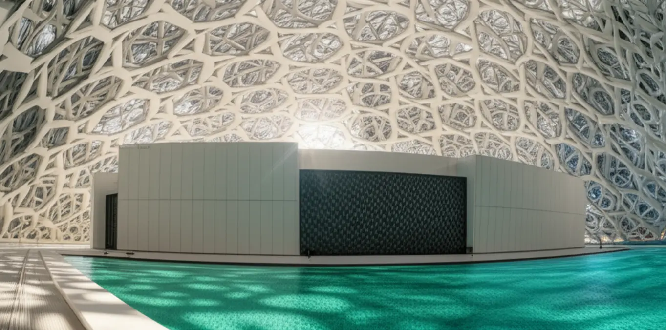 Detalhe da cúpula do Museu Louvre Abu Dhabi com o efeito de chuva de luz.