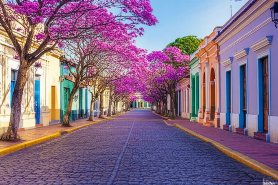 Rua histórica no centro de Assunção com arquitetura colonial e árvores floridas.