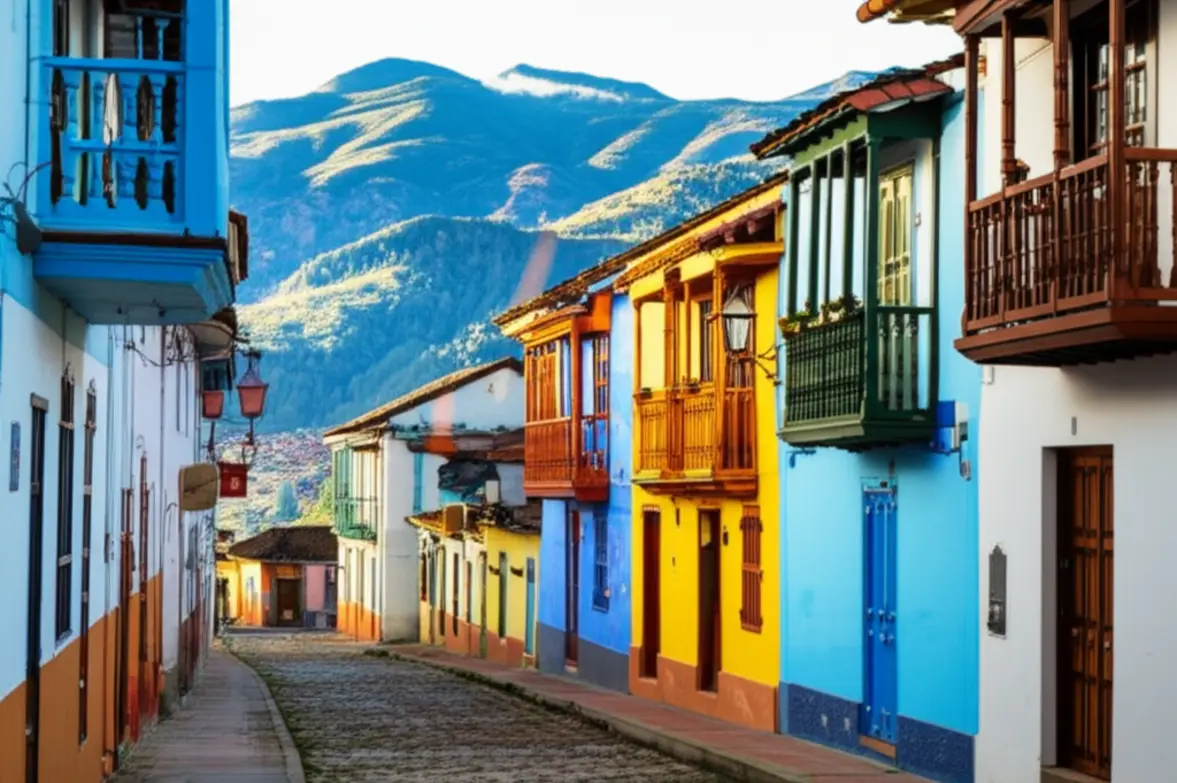 Rua colorida no centro histórico de La Candelaria em Bogotá, Colômbia.