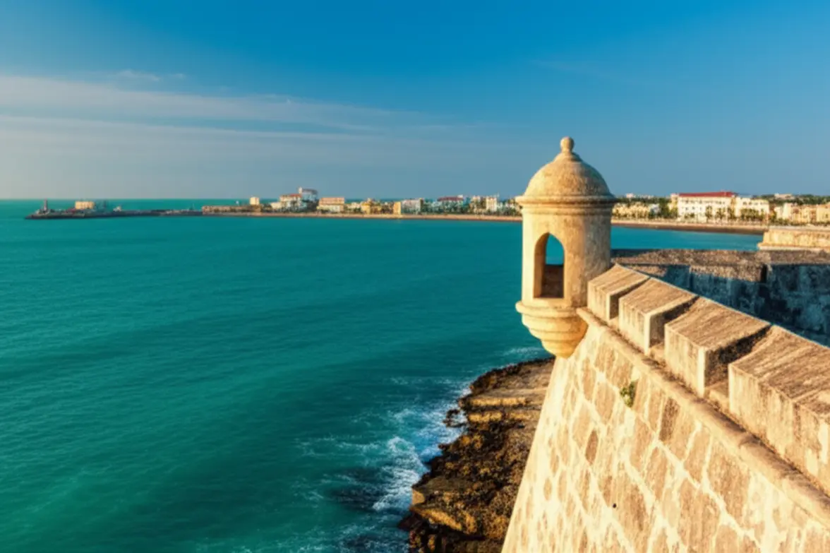 Vista panorâmica das muralhas históricas de Cartagena voltadas para o Mar do Caribe ao pôr do sol.