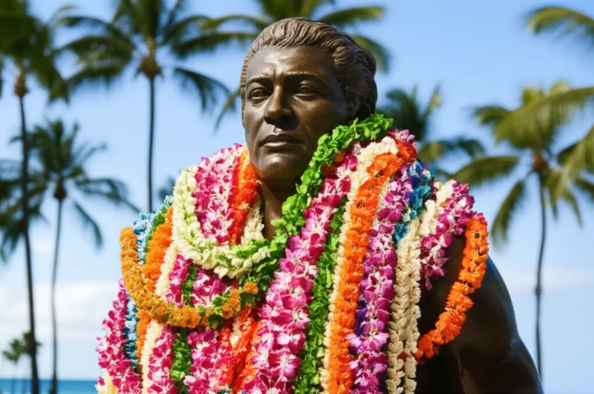 Estátua de Duke Kahanamoku com colares de flores em frente à praia de Waikiki em Honolulu.