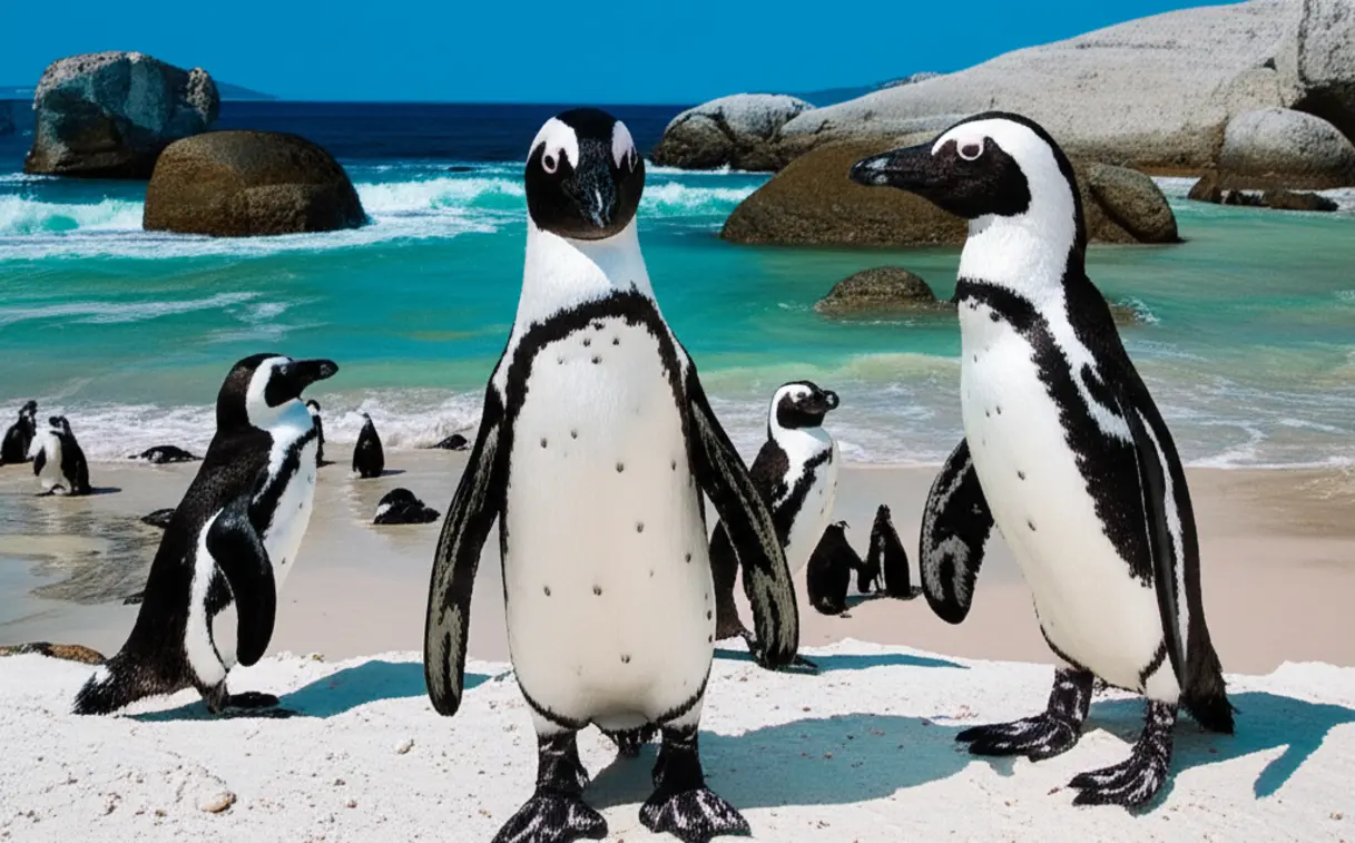 Pinguins africanos caminhando na areia branca da Boulders Beach, Cidade do Cabo.