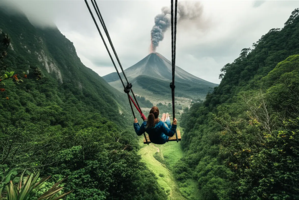 Pessoa no balanço da Casa del Árbol com vista para o vulcão em Baños.