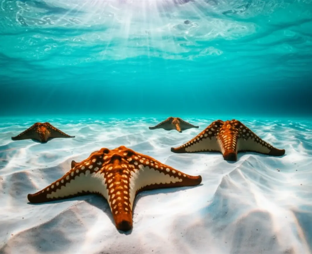 Vista aérea de El Cielo em Cozumel com estrelas-do-mar no fundo arenoso cristalino.