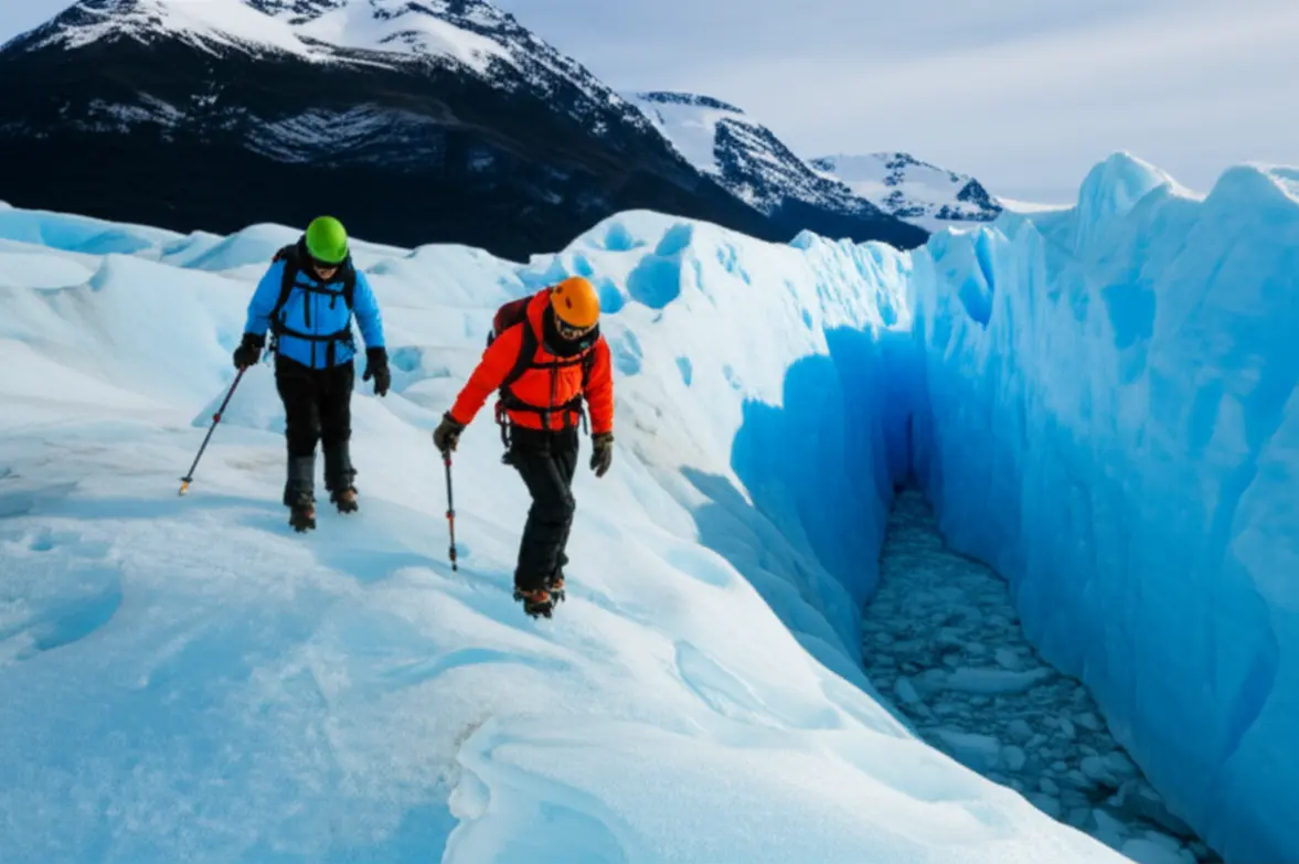 Pessoas fazendo minitrekking sobre o gelo azul do Glaciar Perito Moreno.