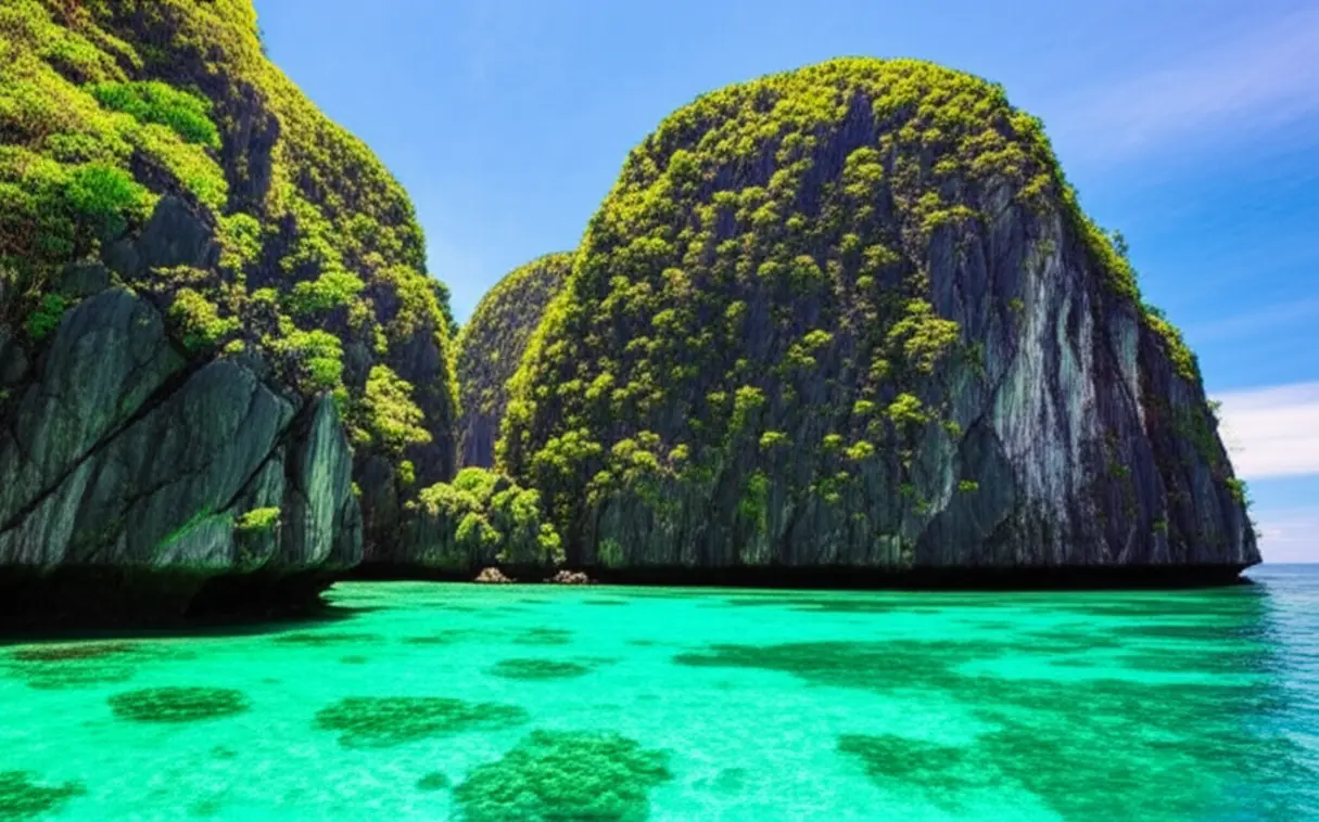 Vista panorâmica da Baía de Bacuit em El Nido com falésias e águas turquesas.