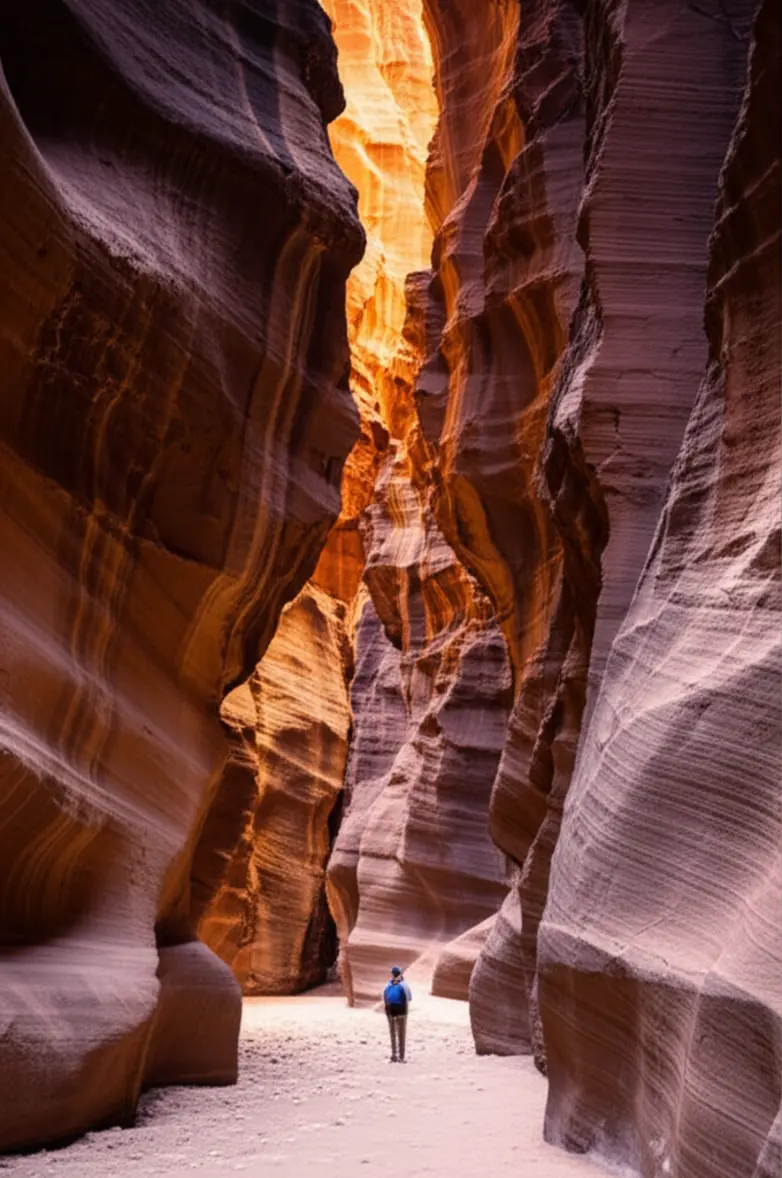 Turista caminhando pelo Siq em Petra com paredes de arenito rosa.