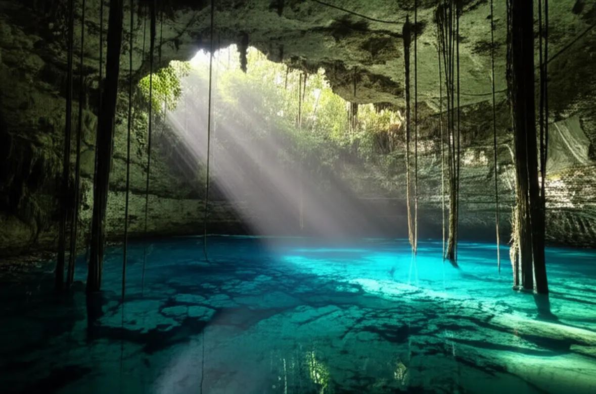 Interior de um cenote de águas cristalinas com raios de sol em Tulum.