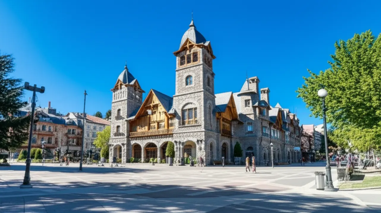Centro Cívico de Bariloche em um dia ensolarado com arquitetura alpina.