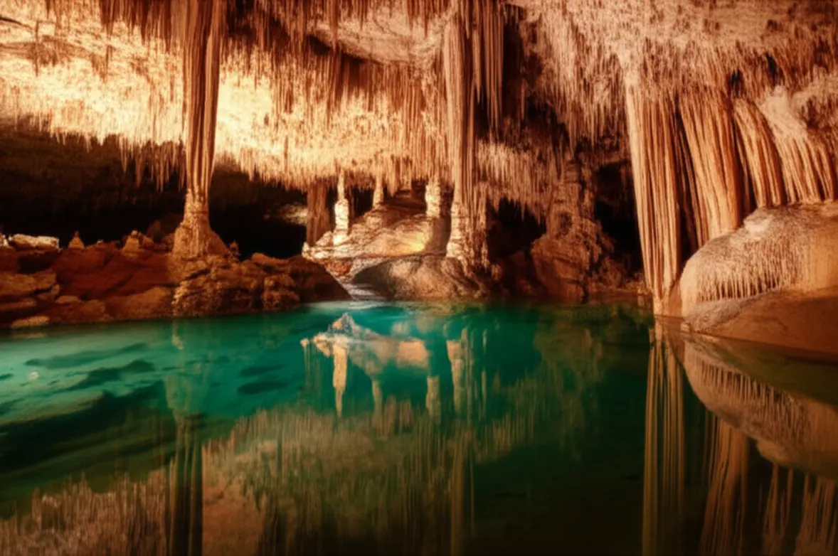Interior iluminado da Harrison's Cave em Barbados com estalactites.