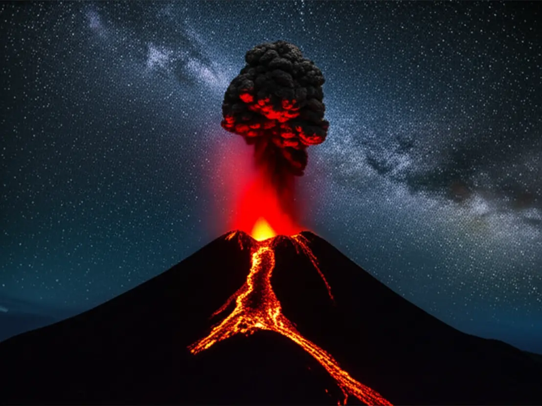 Erupção noturna do Vulcão de Fogo vista do topo do Acatenango.