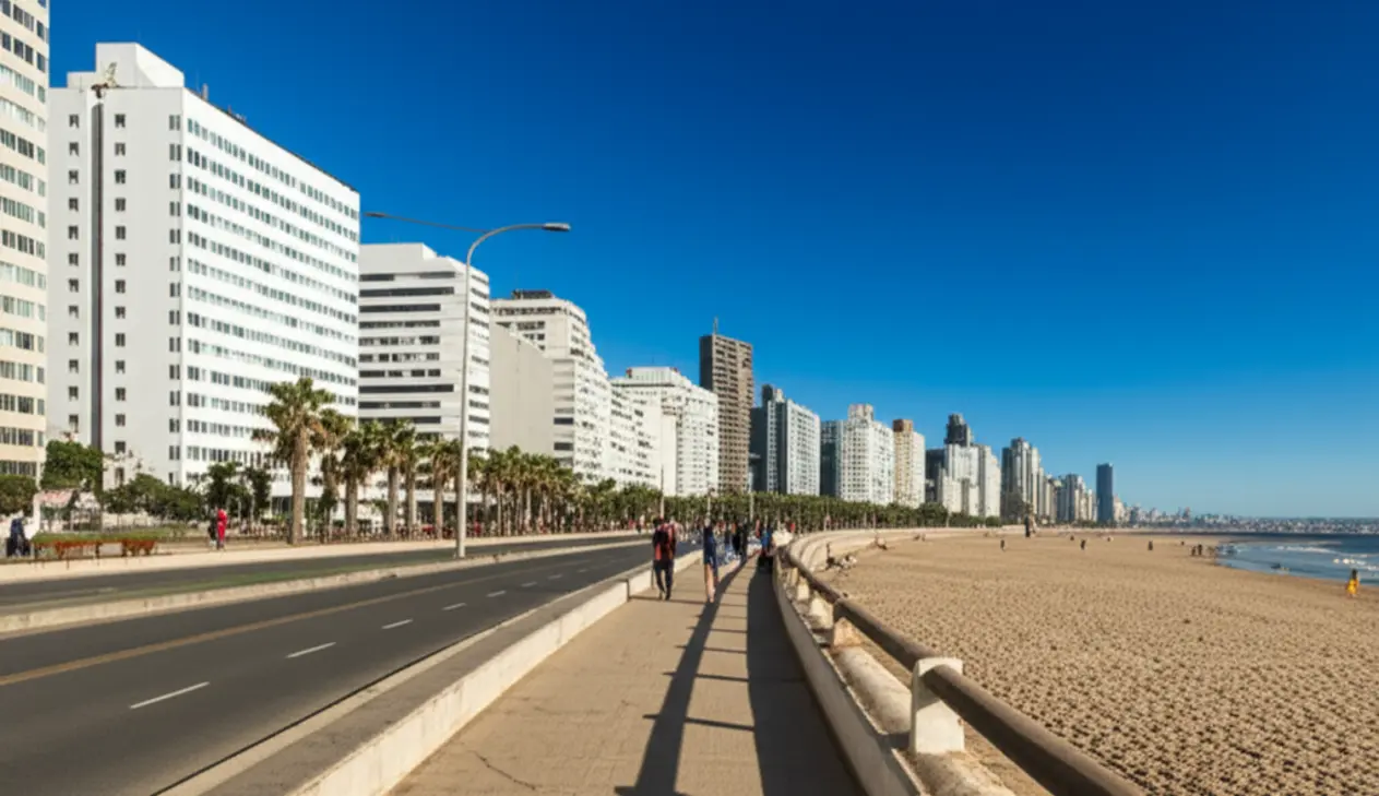 Praia de Pocitos em Montevidéu com prédios modernos sob céu azul.