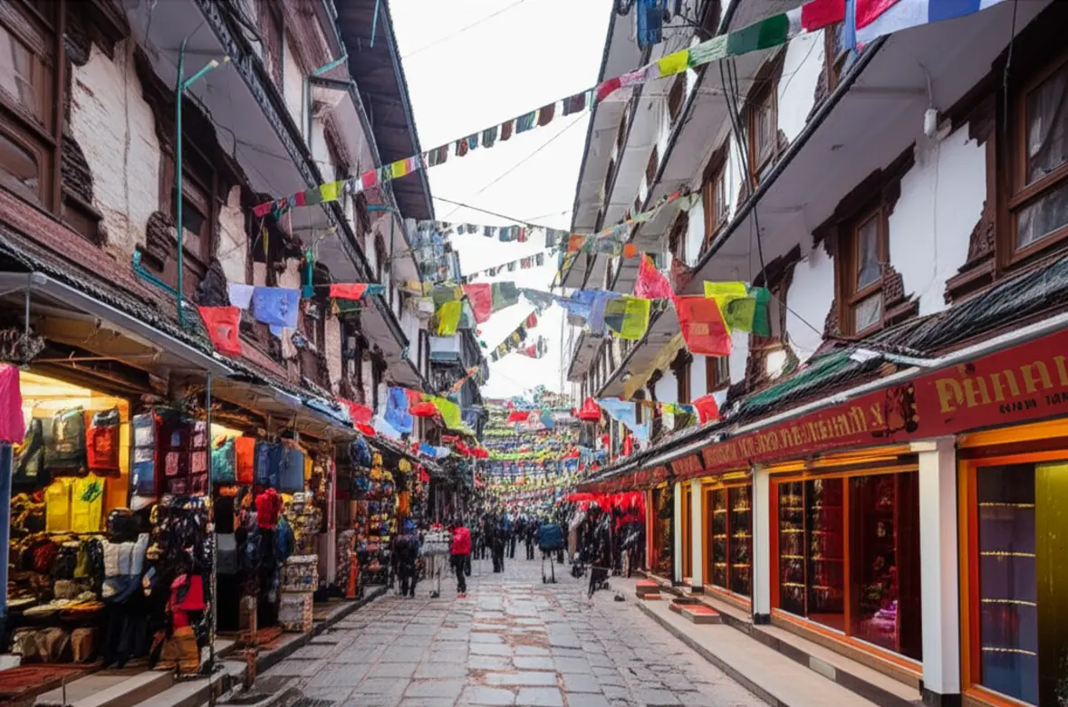 Rua estreita no bairro de Thamel com bandeiras de oração e fachadas de lojas coloridas.