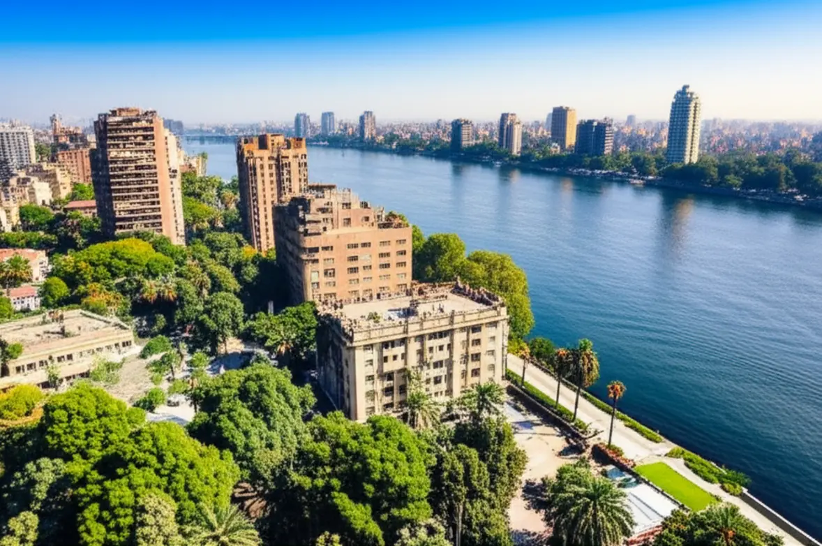 Vista urbana do bairro de Zamalek no Cairo com o Nilo.
