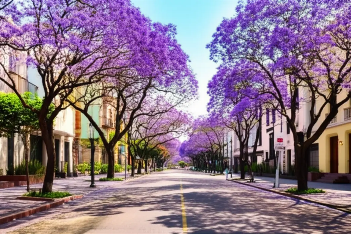 Rua arborizada com jacarandás roxas e arquitetura Art Déco no bairro Condesa.