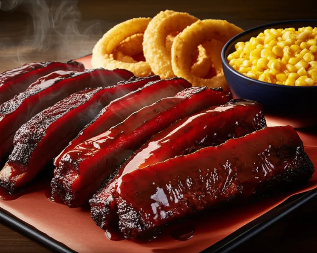 Prato de churrasco típico de Kansas City com carne defumada, molho espesso e anéis de cebola.