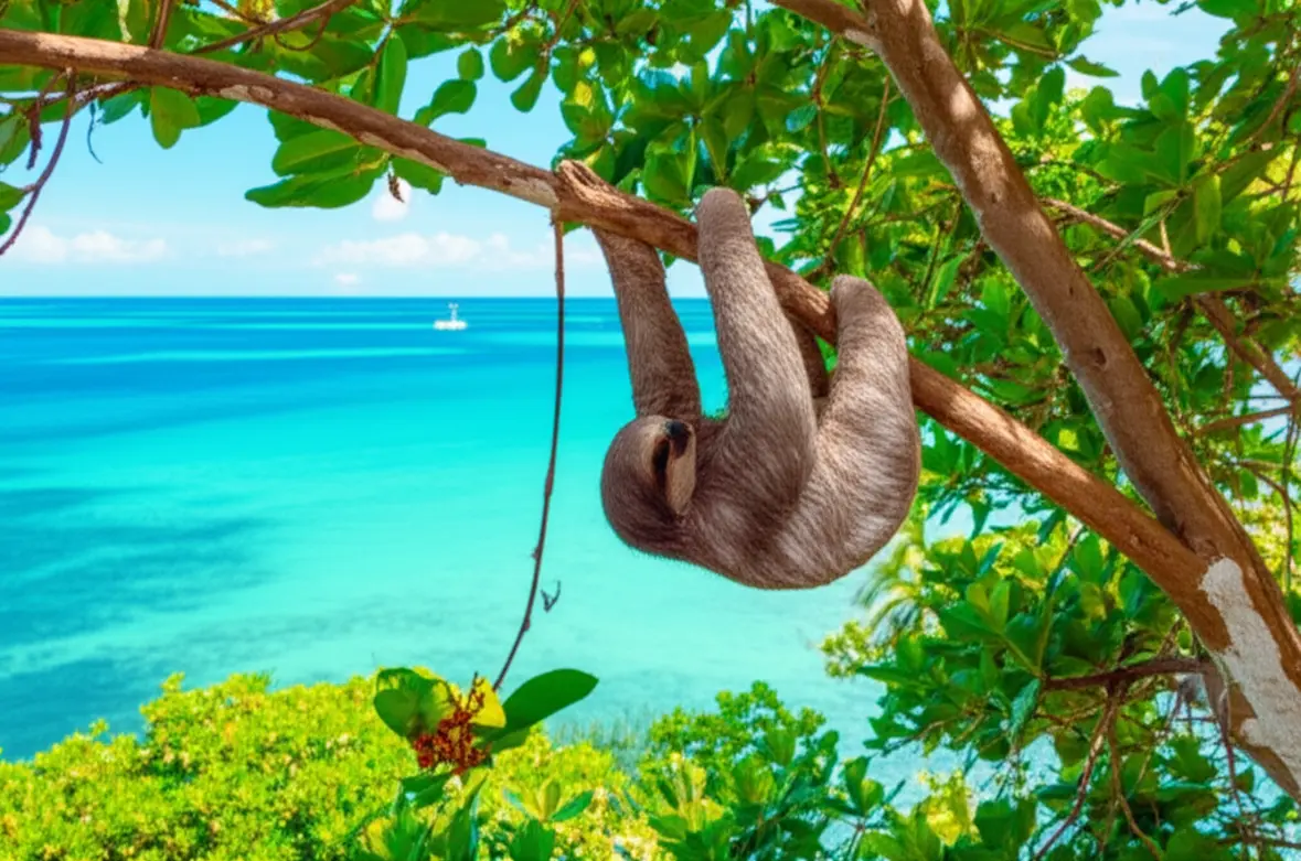 Preguiça-comum pendurada em galho de manguezal sobre águas cristalinas em Bocas del Toro.